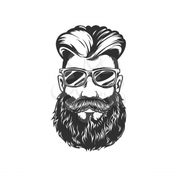 Hipster portrait, handsome male with stylish hairstyle, brutal guy portrait isolated monochrome icon. Vector businessman in eyeglasses, confident retro style man, gentleman with beard and moustaches