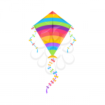 Kite flying Makar Sankranti festival, Indian holiday symbol isolated controllable object in kiteboarding kitesurfing. Vector rainbow color kite with strings or thread, summer holiday leisure hobby