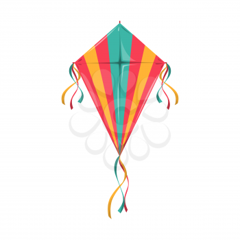 Color kite with strings isolated summer fest holiday symbol. Vector kitesurfing flying object, leisure sport activity object with strings, Uttarayan festival symbol with tail, Sankantri fest