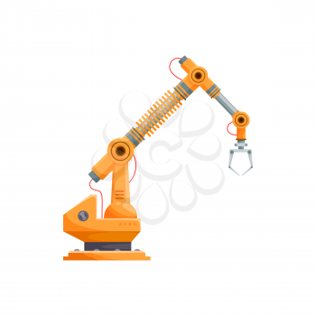 Automated mechanic hand isolated robotic arm with grabbing claw. Vector industrial machinery equipment, grabbing manufacturing tool, factory engineering automation, production line technology