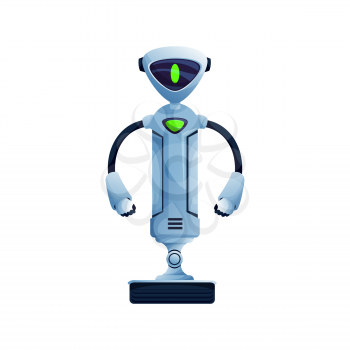 Future android robot on moving stand with two hands and turn on display on face isolated. Vector kids toy futuristic character, artificial sci fi cartoon cyborg. Ai bot, android robotic smart helper