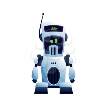 Robot with antenna on head isolated kids toy on remote control or futuristic machine. Vector electronic cyborg, giant virtual hero hi-tech machine with sound mic. Cartoon metal mechanical android
