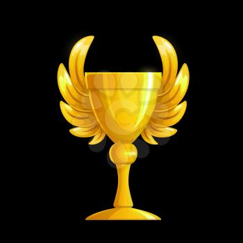 Golden cup with wings, gold award and winner trophy, vector champion prize. Golden cup of victory or winner goblet with wings for sport championship first place, best game and competition reward