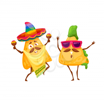 Cartoon mexican nachos chips happy characters. Vector mariachi in sombrero and poncho playing maracas. Funny chips piece in guacamole sauce wearing sunglasses celebrate national holidays and dance