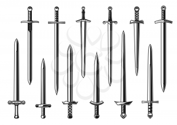 European knight straight swords vector design with weapon of medieval army warrior. Isolated dagger, knife or broadsword with double edged blades, hilts, guards and pommels, tattoo and heraldry design