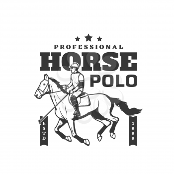 Horse polo sport icon, jockey equine riding and training club, vector sign. Polo game or jockey sport, horse racing and steeplechase equestrian rides tournament on hippodrome