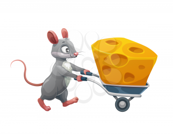 Cartoon mouse with cheese in wheelbarrow, vector animal character. Mouse carrying or stealing cheese piece and wheelbarrow, funny happy rat with food, kids cartoon illustration