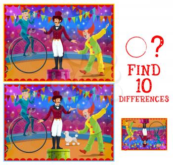 Differences kids game with vector circus stage and performers. Education memory game, attention test, puzzle and riddle with matching pictures task, clown, acrobat and animal tamer on circus arena