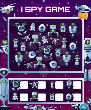 Kids education game with robots, vector I spy riddle with cyborgs, how many androids and drones test. Development of numeracy skills and attention, cartoon mathematics worksheet page for children