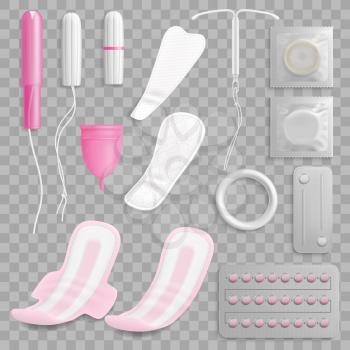 Women hygiene and contraception realistic vector set, transparent background. Feminine menstruation sanitary pads or napkins, tampon, menstrual cup, contraceptive pills and condoms, vaginal ring, IUD