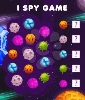 I spy kids game, cartoon space planets vector math test for children. How many planets in galaxy estimate task, counting practice for preschool or school children. Educational mathematical riddle