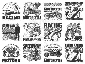 Motor sport racing, vintage motobike service icons set. Motorcycle racer, vintage chopper and motocross bike, formula one retro and modern car, engine pistons, checkered flag and champion cup vector