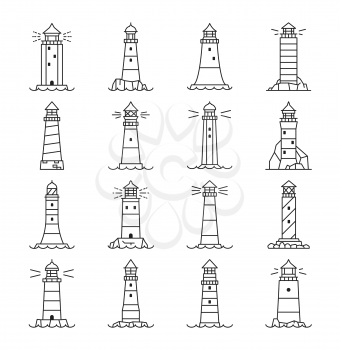 Lighthouse and beacon outline icons, vector linear buildings, nautical seafarers, marine safety sailing light. Searchlight towers, maritime navigation guidance, sea navigator architecture line art set