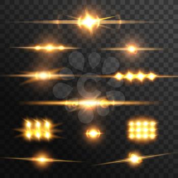 Lens glow flare effect, golden light beams. Vector flashes or star sparkles. Realistic photography shining glare, digital lightning radiance design elements isolated on transparent background 3d set