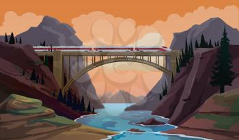Train on bridge. Railway travel cartoon vector scene with modern high speed express crossing canyon, mountain river by bridge. Passenger transportation, transport industry and railroad trip landscape