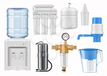 House water filtering equipment mockup. Realistic vector bottled water dispenser or cooler, reverse osmosis, pitcher and home countertop water filter cartridges, hand pump, backwash sediment filter