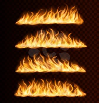 Realistic fire flame trails, burning vector tongues on transparent background. Raging blaze effect, glowing shining flare borders glow, blazing inferno traces or lines, isolated 3d design elements set