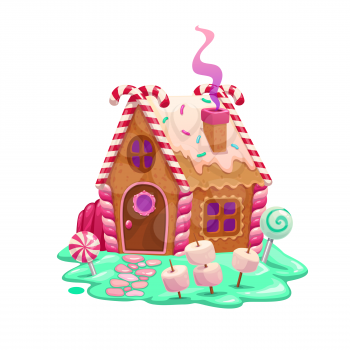 Caramel and ginger cartoon fairy house or dwelling. Christmas gingerbread cookie house, cartoon vector fairytale hut made of crackers, candy cane and jelly, marshmallows, icing and lollipop candies