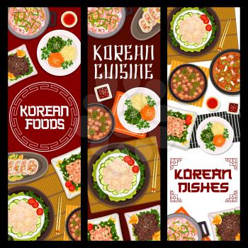Korean cuisine restaurant dishes posters. Seafood and pork tofu, kimchi soups, vegetable stuffed squid, scallop salad and grilled beef bulgogi, fried shrimp with spinach vector. Korean food banner