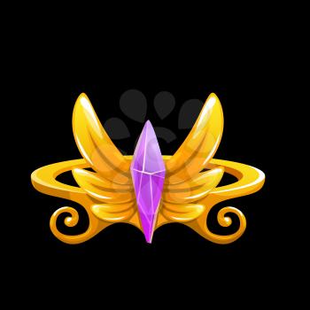 Magic ring with golden wings and pink gemstone. Vector wizard sorcerer or witch gold jewel with precious gem and curves. Fantasy jewelry with sparkling crystal. Isolated cartoon ui design element