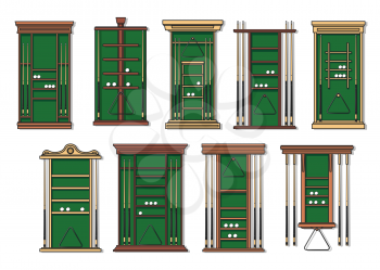 Billiard game cue rack, pool and snooker sticks, balls and triangle frames on shelves. Billiard sport, pool club equipment and furniture, vector wooden racks with green cloth for snooker cues