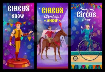 Shapito circus animal trainer and acrobat characters. Top circus performance, wild animals tamer, horse acrobat and unicycle riding performers show on circus stage