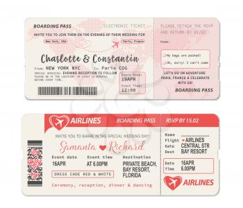 Boarding pass ticket. Wedding invitation template with airplane drawing heart on world map during flight. Wedding ceremony invitation layout as airline travel ticket with RSVP perforated section