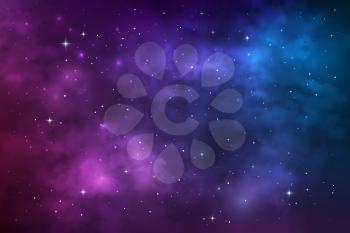 Starry universe, space galaxy nebula, stars and stardust. Vector cosmic background with blue and purple realistic nebulosity and shining stars. Colorful cosmos infinite, night sky wallpaper backdrop