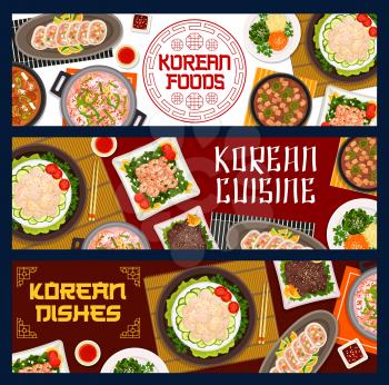 Korean food restaurant meals posters. Vegetable stuffed squid, seafood and pork tofu soup, fried shrimp with spinach, grilled beef bulgogi and scallop salad, kimchi soup vector. Korean cuisine banners