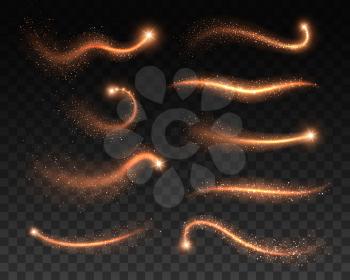 Golden stardust and glitters on transparent background. Vector magic sparkling dust of gold star trails, glowing waves of shining confetti and sparks, Christmas light effect, wave of the magic wand