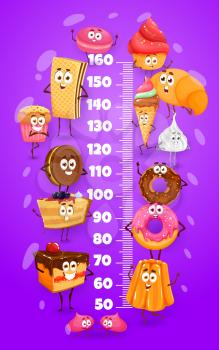 Cartoon sweets, cakes and deserts. Kids height chart, vector growth meter with cupcake, croissant and ice-cream, chocolate cookie, donut and waffle, marshmallow, jelly pudding and cake funny character