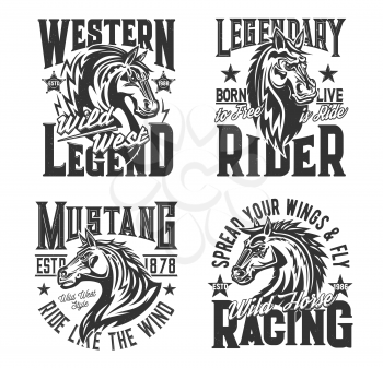 Horse racing t shirt prints, equestrian rides and rodeo club vector icons. Wild mustang stallion heraldic head emblem for equine hippodrome races and polo sport, victory quotes for t-shirt print