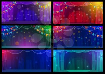 Shapito circus and theater interior stages, vector empty scenes with backstage curtains, flag garlands and illumination. Cartoon opera or ballet concert theatre with drape and glow sparkles or flare