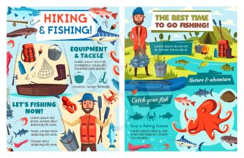 Sea fishing tackles, fish catch lures and fisher equipment. Vector fishing sport and hiking adventure posters, man with rod for seafood octopus and ocean lobster crab, flounder and salmon in fishnet