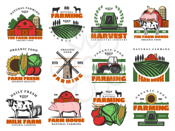Farm agriculture icons, cattle farming organic food products meat and vegetables. Vector farmhouse wheat and rye mill, farmer tractor on harvest, cow and pig, poultry chicken and dairy products