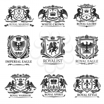 Shield badges and emblems vector design of royal heraldry. Heraldic coat of arms with lions, eagles and king crowns, knight swords, helmets and horses, griffins, pegasus, fleur-de-lis and leaf scrolls