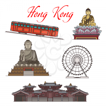 Hong Kong travel landmark vector icons design. The Big Buddha of Buddhist temple, Observation Wheel, Maitreya Hall at Chi Lin Nunnery, Peak Tram funicular railway and Buddha statue in Lotus flower