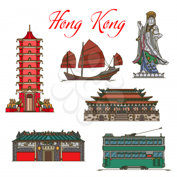 Travel landmarks of Hong Kong thin line icons with vector tourist sight. Sea Goddess of Tin Hau Temple, Junk Boat with red sails, Ten Thousand Buddhas Monastery, Po Lin main temple, double-decker tram