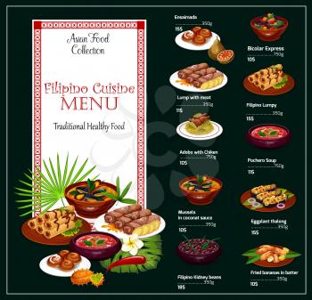 Filipino cuisine restaurant menu template of Asian food vector design. Chicken rice adobo, meat rolls and mussels in coconut sauce, beef soup, pork bean stew and eggplant talong, fried banana, buns