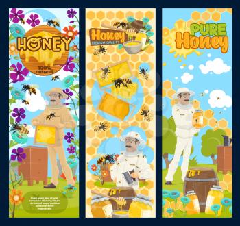 Bee honey, natural sweet food of beekeeping farm banners with beekeeper and apiary bee hives. Vector honeycombs, honey jars and flowers, beeswax, dippers and apiarist in protective suit and hat