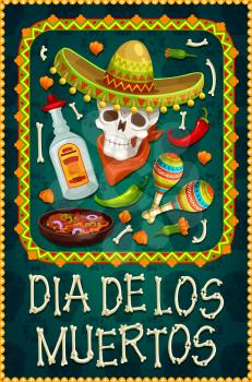 Dia de los Muertos sugar skull with sombrero and tequila. Day of the Dead religious festival vector design with skeleton, bones and marigold flowers, maracas, jalapeno and chilli in ethnic frame