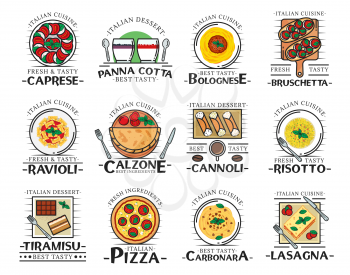 Italian food thin line icons of restaurant, cafe and pizzeria vector design. Pizza, pasta and spaghetti, tomato mozzarella and basil salad with bruschetta bread, risotto, ravioli, lasagna and desserts
