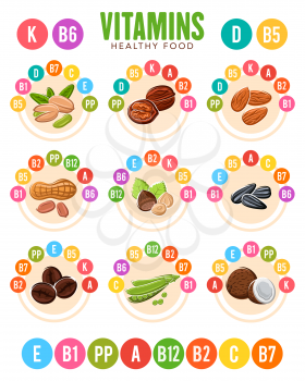 Vitamins in nuts, beans and seeds vector charts, super food design. Almond, pistachio and peanut, hazelnut, coconut and walnut, green pea, coffee beans and sunflower grains round diagrams
