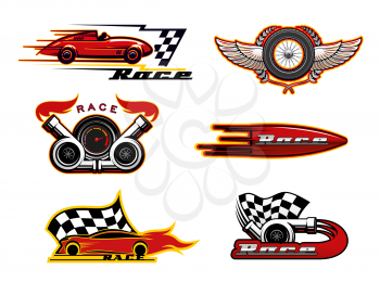 Auto or car racing vector icons of motor sport design. Race automobiles, speedometer and racing flag, vehicle engine, tire and wheels badges, decorated with fire flames, wings and laurel wreath