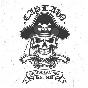 Pirate skull vector t-shirt print of apparel fashion design. Skeleton head in captain hat, crossbones and guns, bandana and vintage ribbon banner with grunge effect