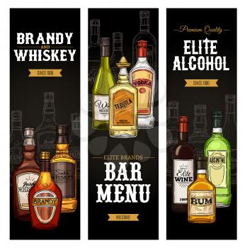Drinks menu vector design of bar or restaurant. Bottles of alcohol beverages, wine, vodka and whiskey, gin, cognac and tequila, brandy, martini and liquor, absinthe, bourbon and scotch sketches