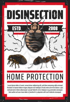 Pest control vector design of insect extermination. Mite or tick, flea and ant with pesticide and insecticide chemical poison clouds. Disinfection service, home protection themes
