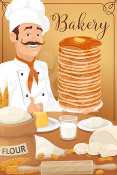 Pancakes of bakery or pastry shop, dessert food design. Baker in chef hat with stack of thin cakes or crepes, maple syrup and honey, butter, flour bag and dough, cereal ears, grains and rolling pin