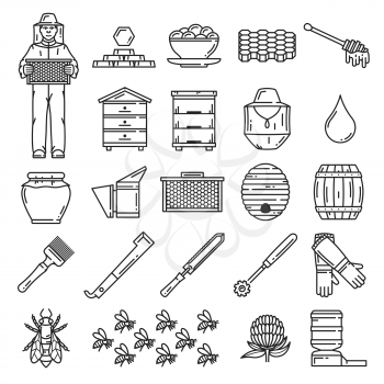 Beekeeping thin line icons. Vector honey bee, beekeeper, beehive frame, honeycombs, apiary hives and honey jar, flower, nectar drop and barrel, swarm, apiarist hat and beeswax, propolis, hive tools