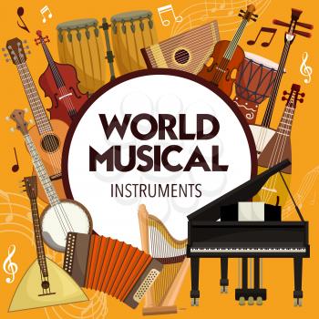 Musical instruments with music notes and treble clef vector design. Piano, drums and guitar, violin, harp and viola, japanese shamisen, russian balalaika and american banjo, accordion and zither